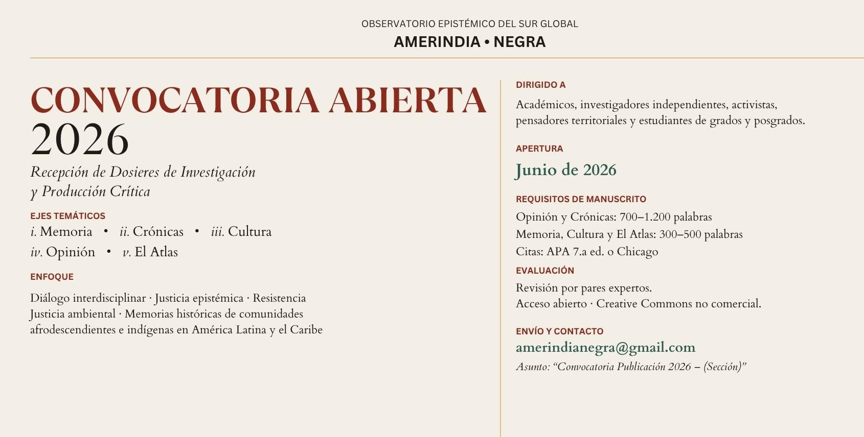 Amerindia Negra: convocatoria abierta